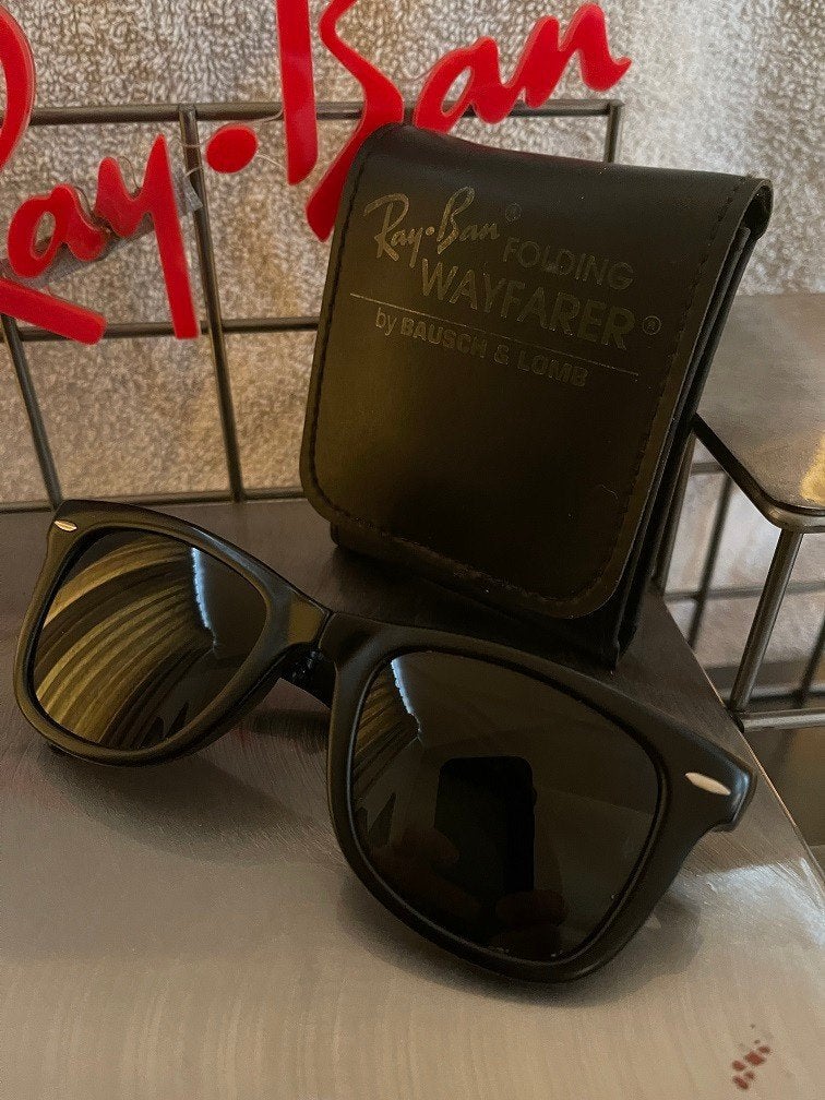Vintage B&L Ray-Ban folding Wayfarer I zonnebril W0670 W7, Gebruikt, Zonnebril, Zwart, Ophalen of Verzenden