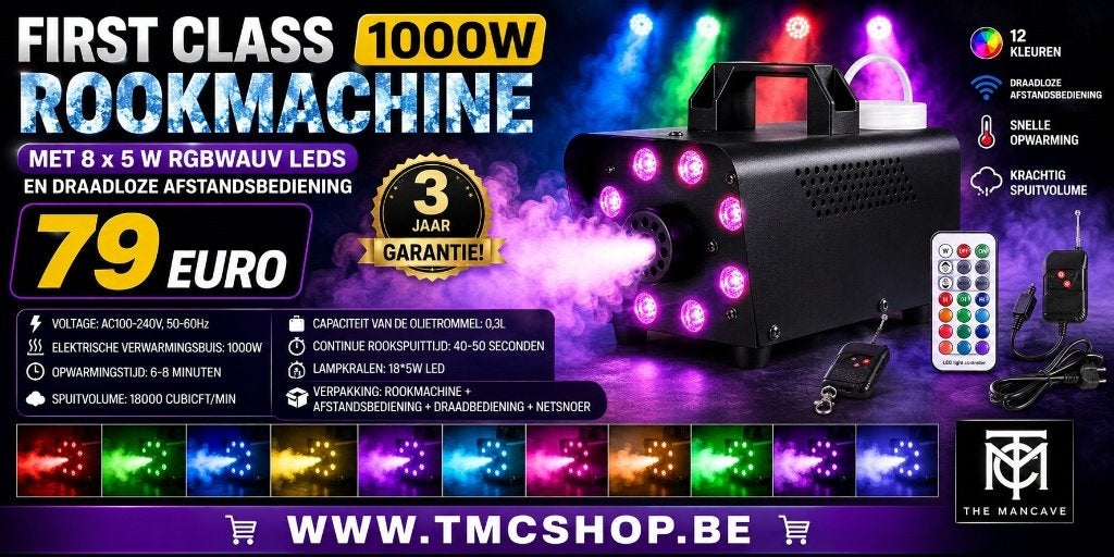 Nieuwe First Class 1000W Rookmachine met 8 x 5 W RGBWAUV, Ophalen of Verzenden, Nieuw, Rookmachine, Geluidgestuurd