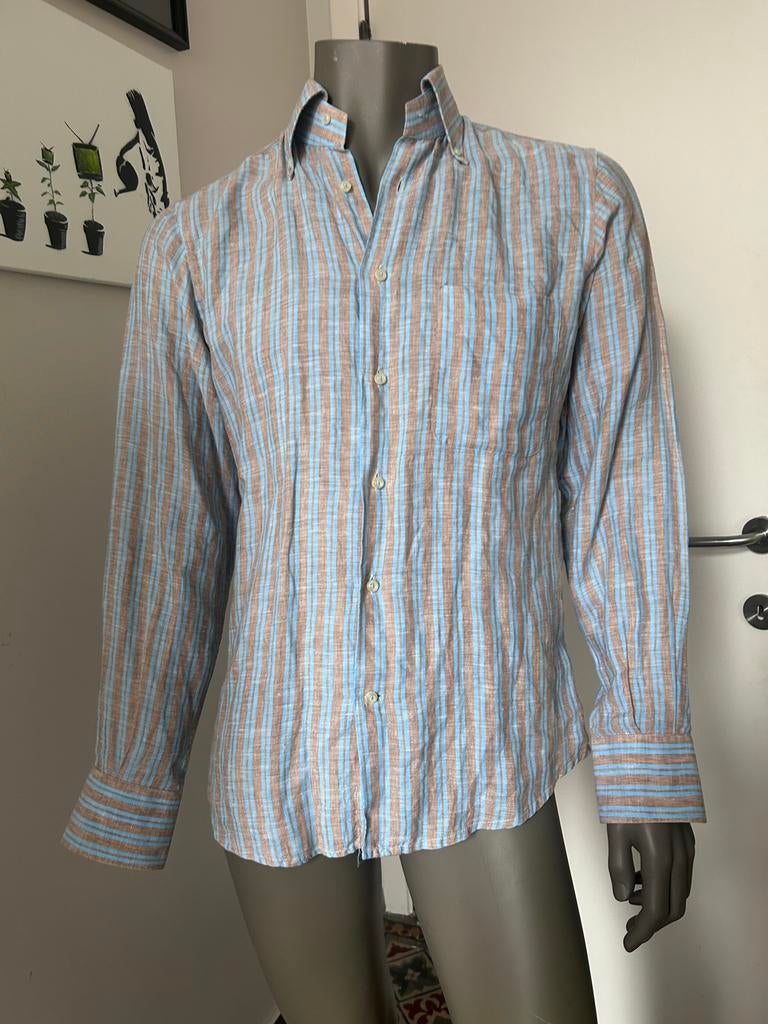 Fendi chemise lin rayures bleu ciel marron clair 39 S, Enlèvement ou Envoi, Bleu