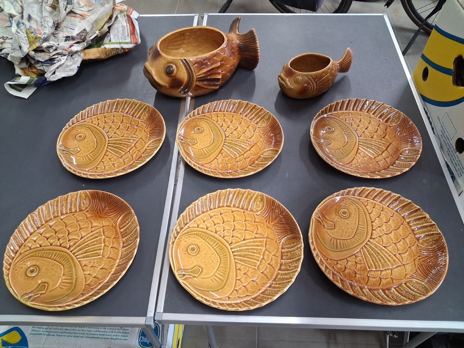 8 delig barbotine vis servies jaren 60/70, Huis en Inrichting, Keuken | Servies, Ophalen, Bord(en)