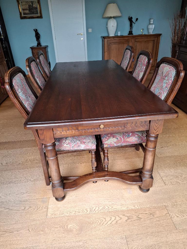 Eiken tafel met 6 stoelen, Ophalen, Gebruikt, Eikenhout, 200 cm of meer