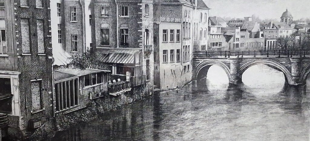 Jef van Grieken - grote ets - Mechelen Lamot get/kader, Antiek en Kunst, 2000 tot heden, Ets, Stadsgezicht, Ophalen of Verzenden