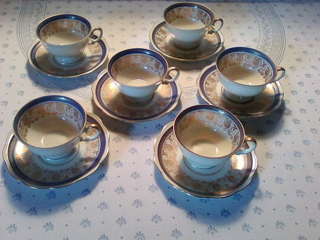 6 Theekopjes met schoteltjes van WAWEL made in Poland -Blauw, Enlèvement, Comme neuf, Porcelaine, Tasse(s) et/ou soucoupe(s)