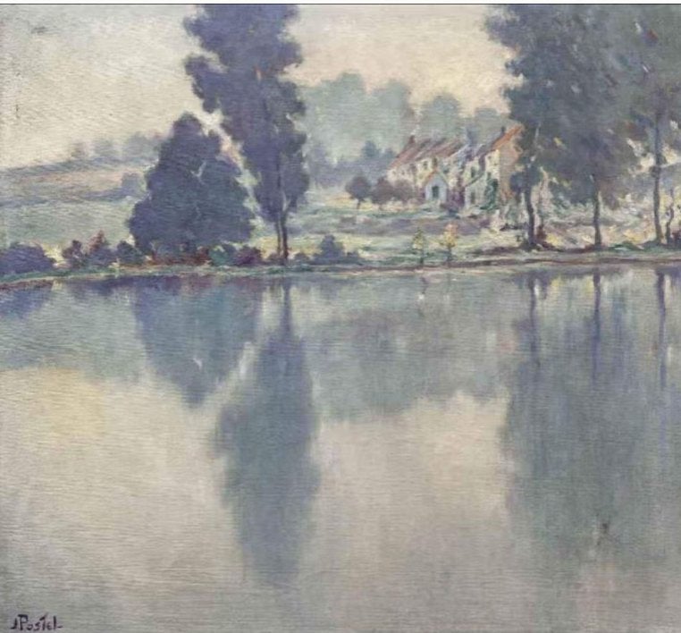 Huile sur toile lac signe jules postel, Antiquités & Art, Enlèvement ou Envoi, Toile