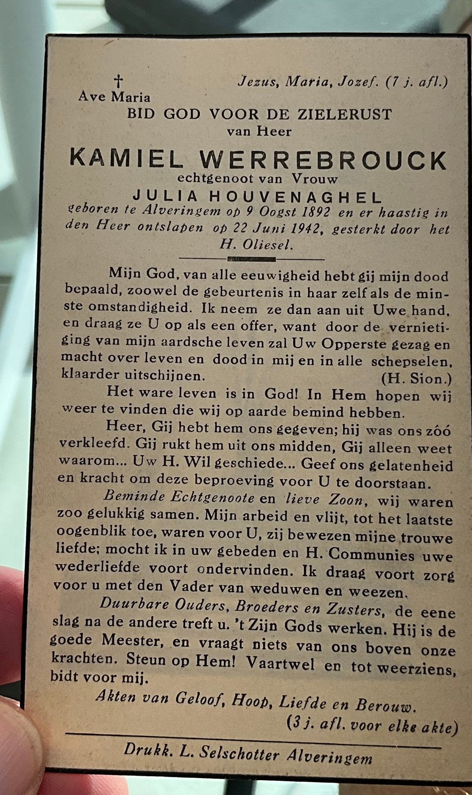 Bidprentje (1946) – Remi Coutereel (Alveringem) |, Verzamelen, Bidprentjes en Rouwkaarten, Bidprentje, Ophalen of Verzenden
