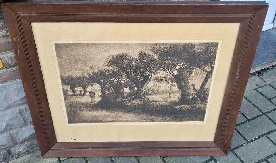 Gravure chemin avec hiercheuse signe Victor dieu, Enlèvement, Gravure
