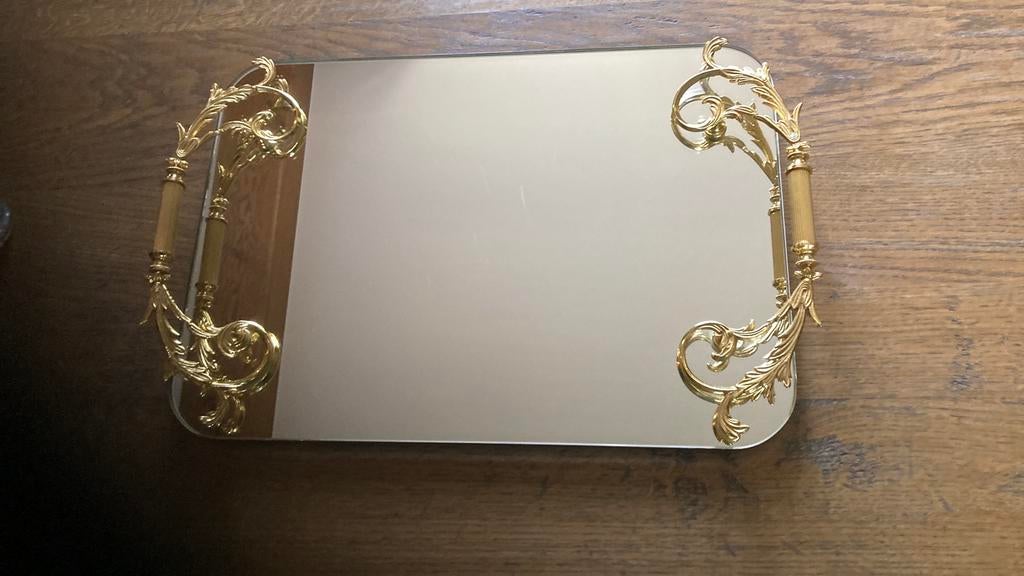 Glazen spiegeldienblad met koperen handvaten, Ophalen, Zo goed als nieuw