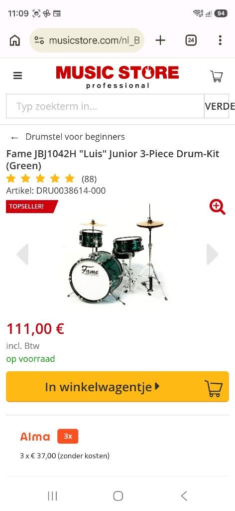 Kinderdrum Fame Junior 3-Piece Drum-Kit (Green), Muziek en Instrumenten, Ophalen, Zo goed als nieuw, Overige merken
