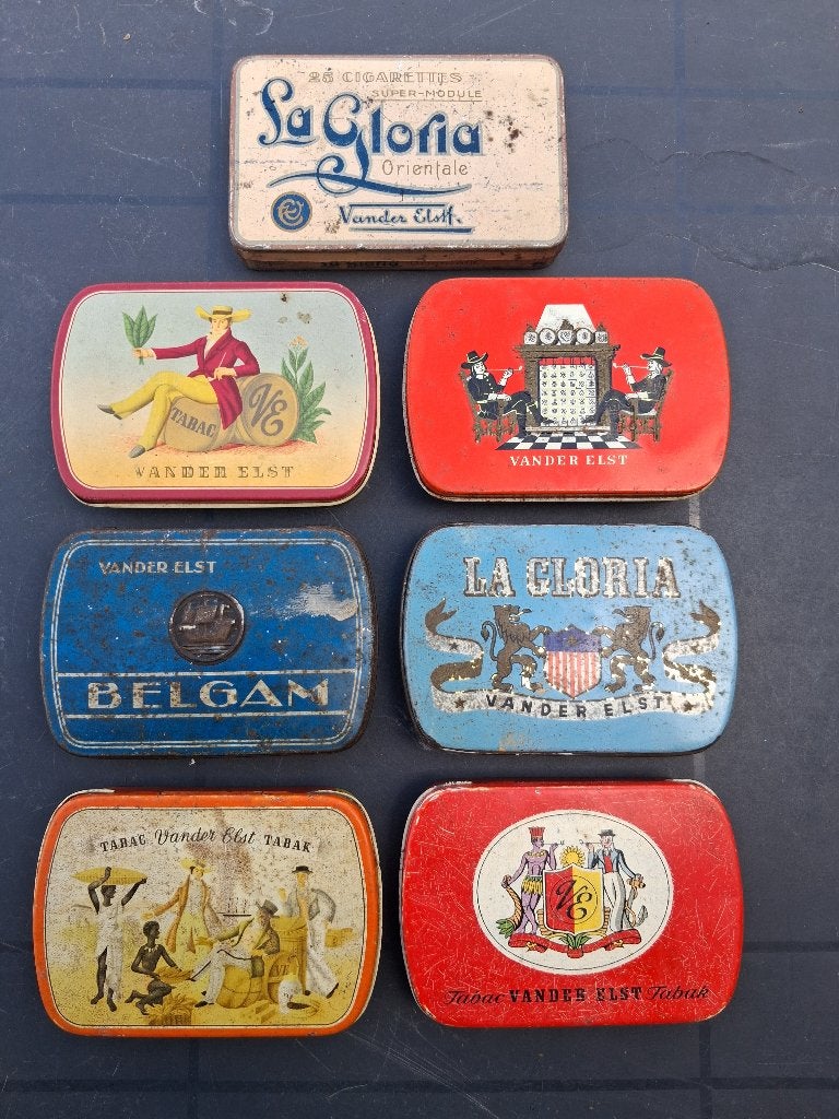 7 vieilles boîtes à tabac en étain | VANDER ELST, Enlèvement ou Envoi, Utilisé, Autre