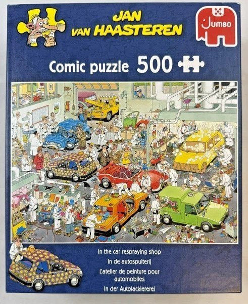 Jan van Haasteren Puzzel 500 In de autospuiterij compleet, Verzenden, 500 t/m 1500 stukjes, Zo goed als nieuw, Legpuzzel