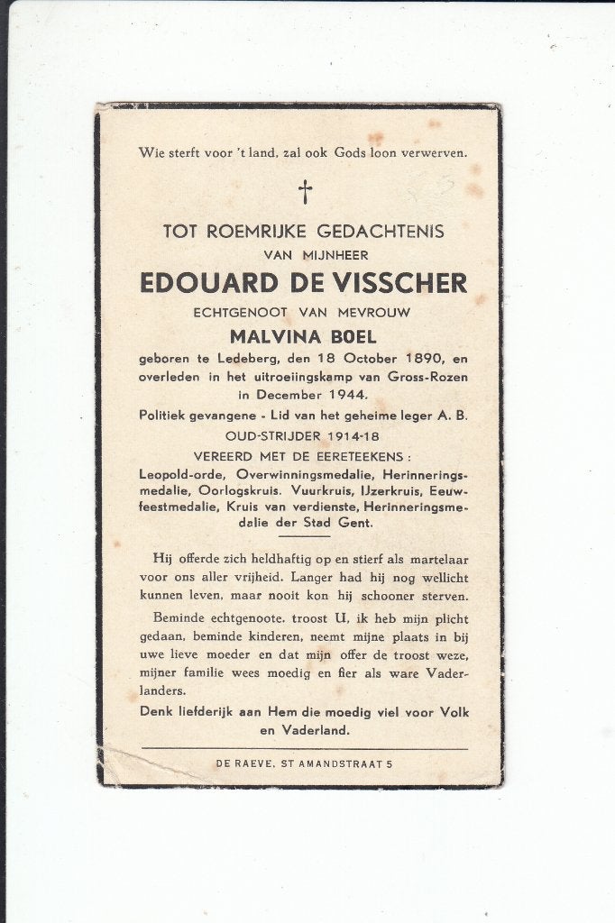 Slachtoffer WO II - Ledeberg - kamp Gross-Rosen (D) 1944, Envoi, Image pieuse