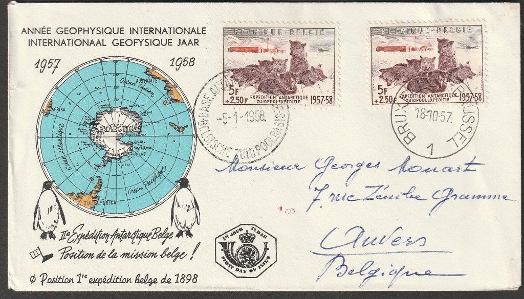 fdc Zuidpoolexpeditie 1957 + stempel Zuidpoolbasis, Met stempel, Verzenden, Gestempeld, 1e dag stempel