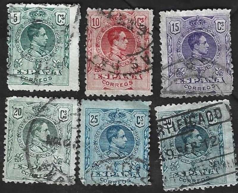 6 Postzegels Spanje 1909 Koning Alfons XIII, Postzegels en Munten, Postzegels | Europa | Spanje, Ophalen of Verzenden, Gestempeld