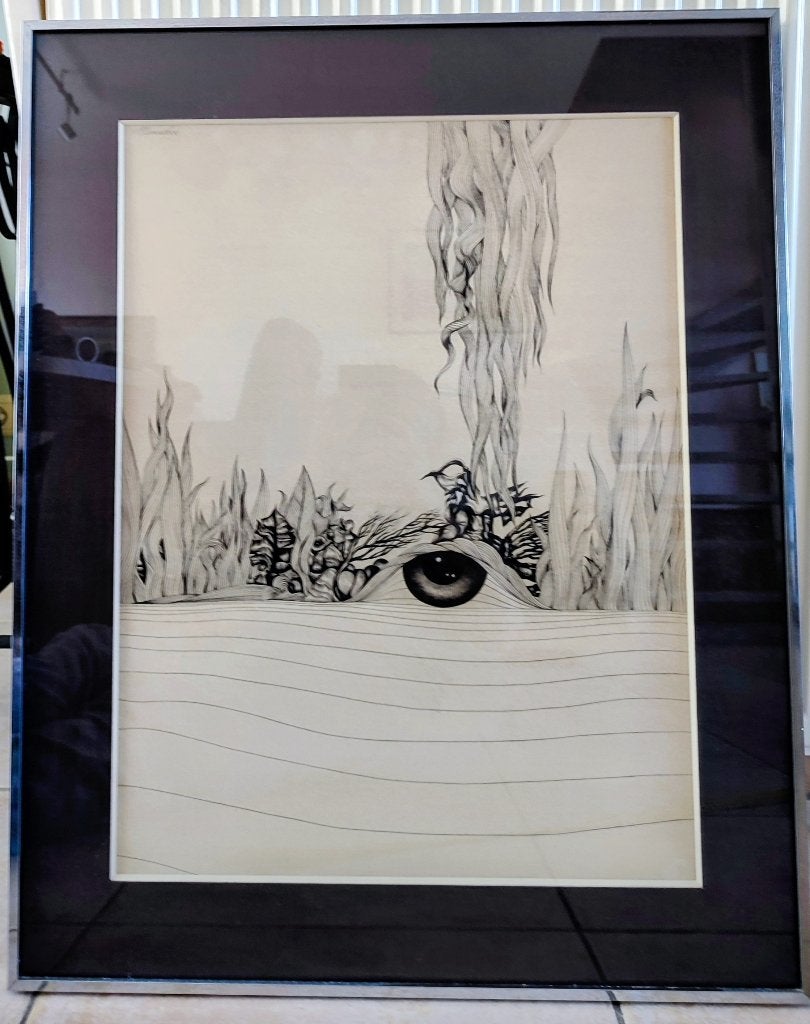 Origineel surrealistisch werk gesigneerd Jean-Claude Mineboo, Ophalen, Tekening, Pentekening, Met ophangsysteem