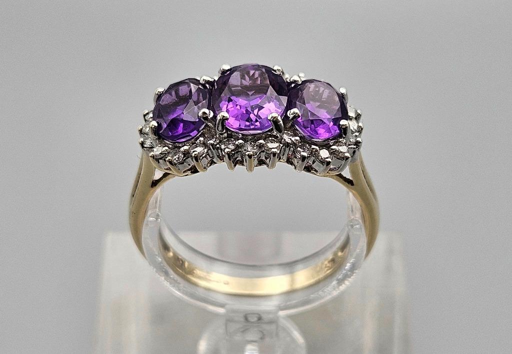 Gouden Vintage ring edelsteen amethist en diamant. 2025/353., 18 tot 19, Paars, Ophalen of Verzenden, Zo goed als nieuw