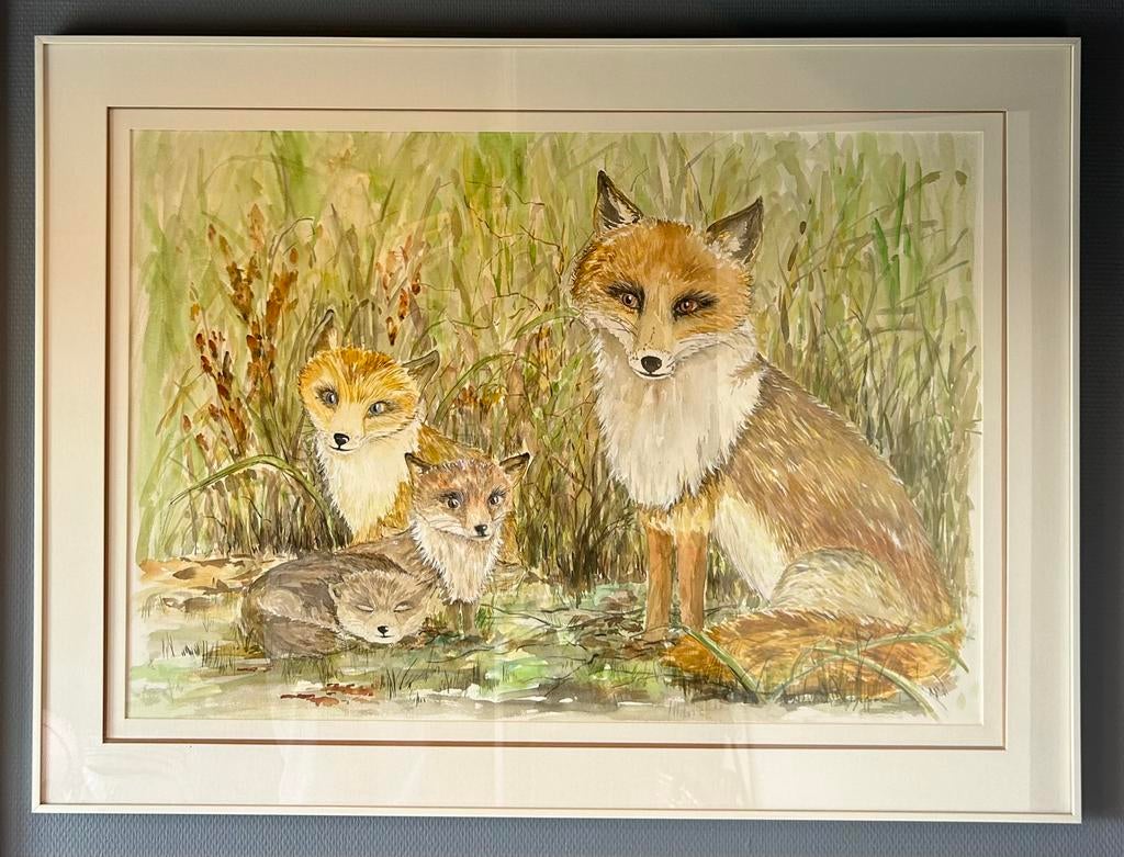 Schilderij: 4 vosjes (op papier, achter glas), Ophalen, Schilderij