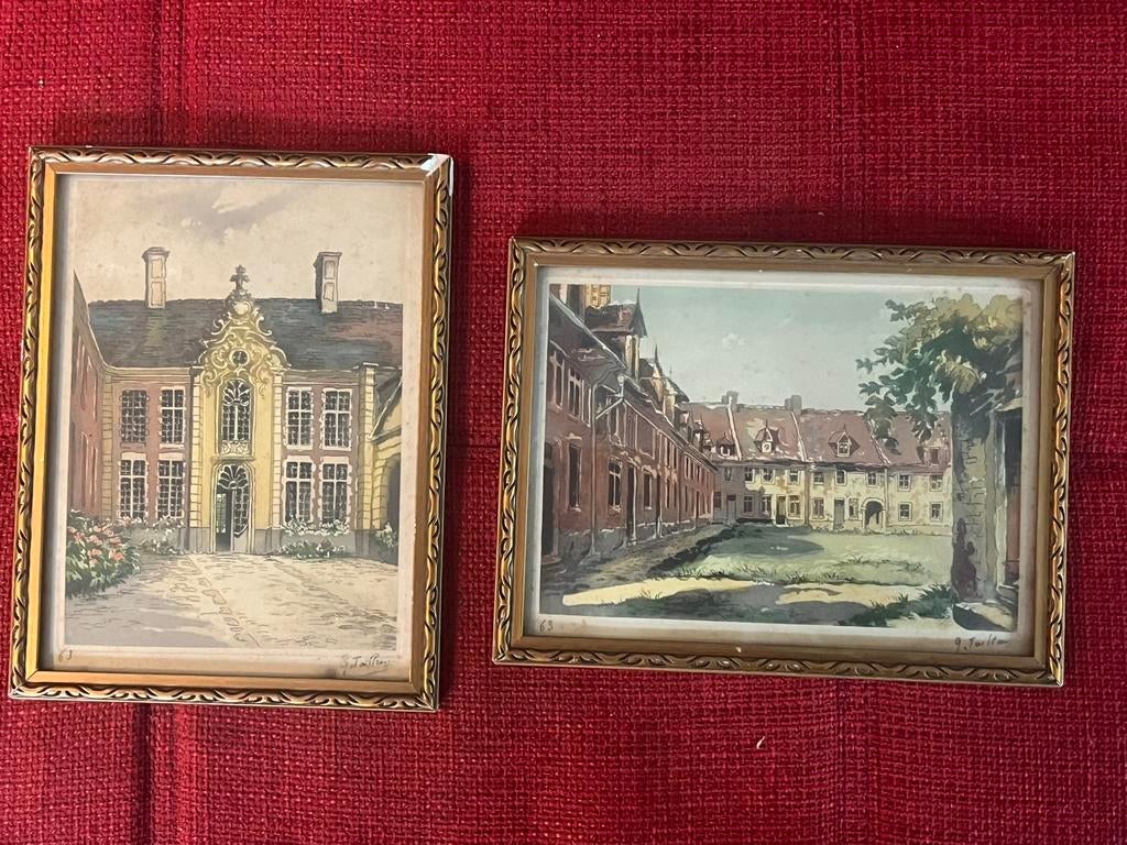 2x oude aquarel Aalst - stadhuis & begijnhof, Ophalen of Verzenden