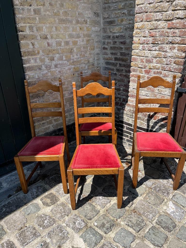 4 houten stoelen met rode stoffen zitting, Ophalen, Gebruikt, Vier, Stof
