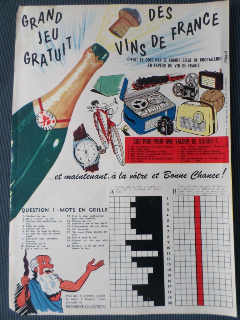 Vins de France - publicité-jeu - supplément tintin - 1958, Collections, Enlèvement ou Envoi, Utilisé, Autres types