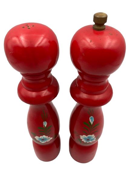 Vintage peper- en zoutstel in hout – rood (jaren 60/70), Gebruikt, -, -, Ophalen of Verzenden