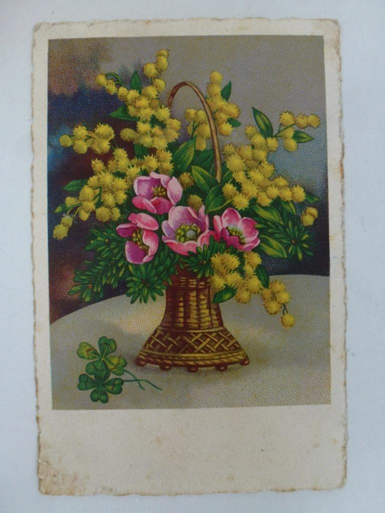 oude prentkaart bloemen mimosa klavertje 4, Verzenden, 1920 tot 1940, Gelopen, Overige thema's