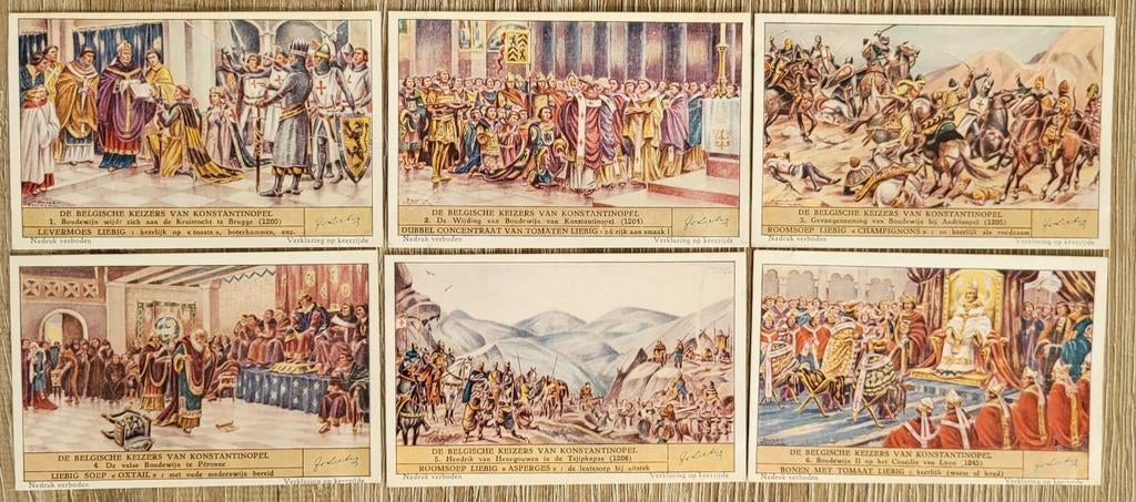 6 oude Liebig prenten: De Belgische keizers van Konstantinop, Enlèvement ou Envoi, Utilisé, Autres sujets/thèmes, Gravure