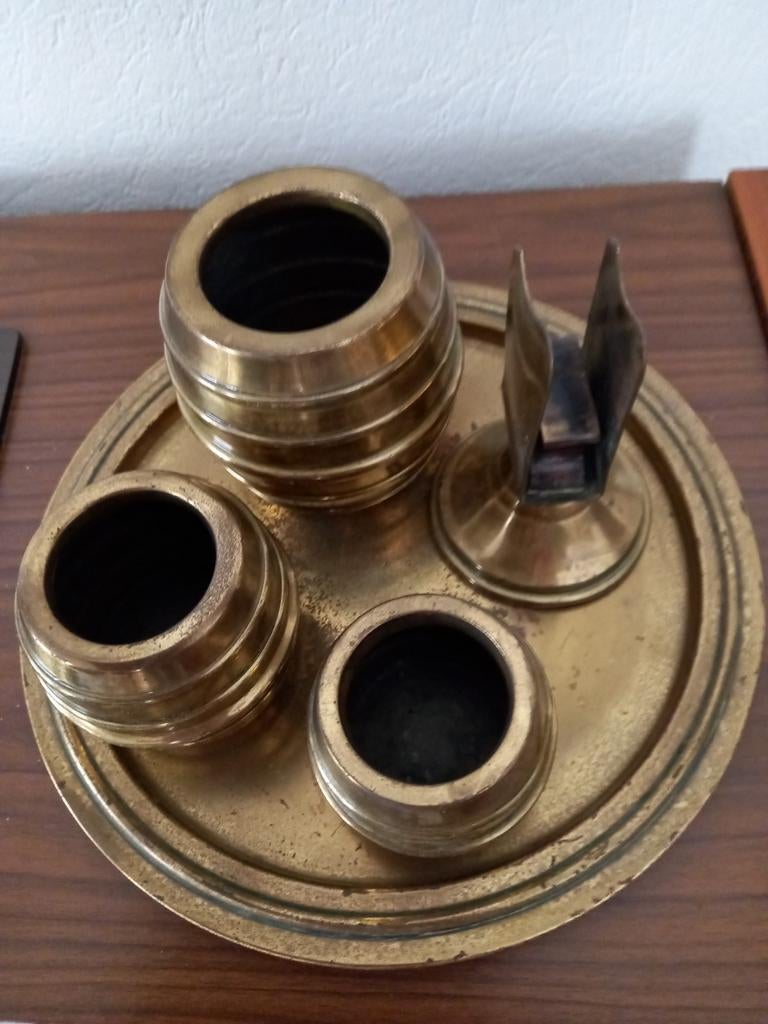 Koperen set luciferhouder en 3 ronde potjes, Ophalen of Verzenden