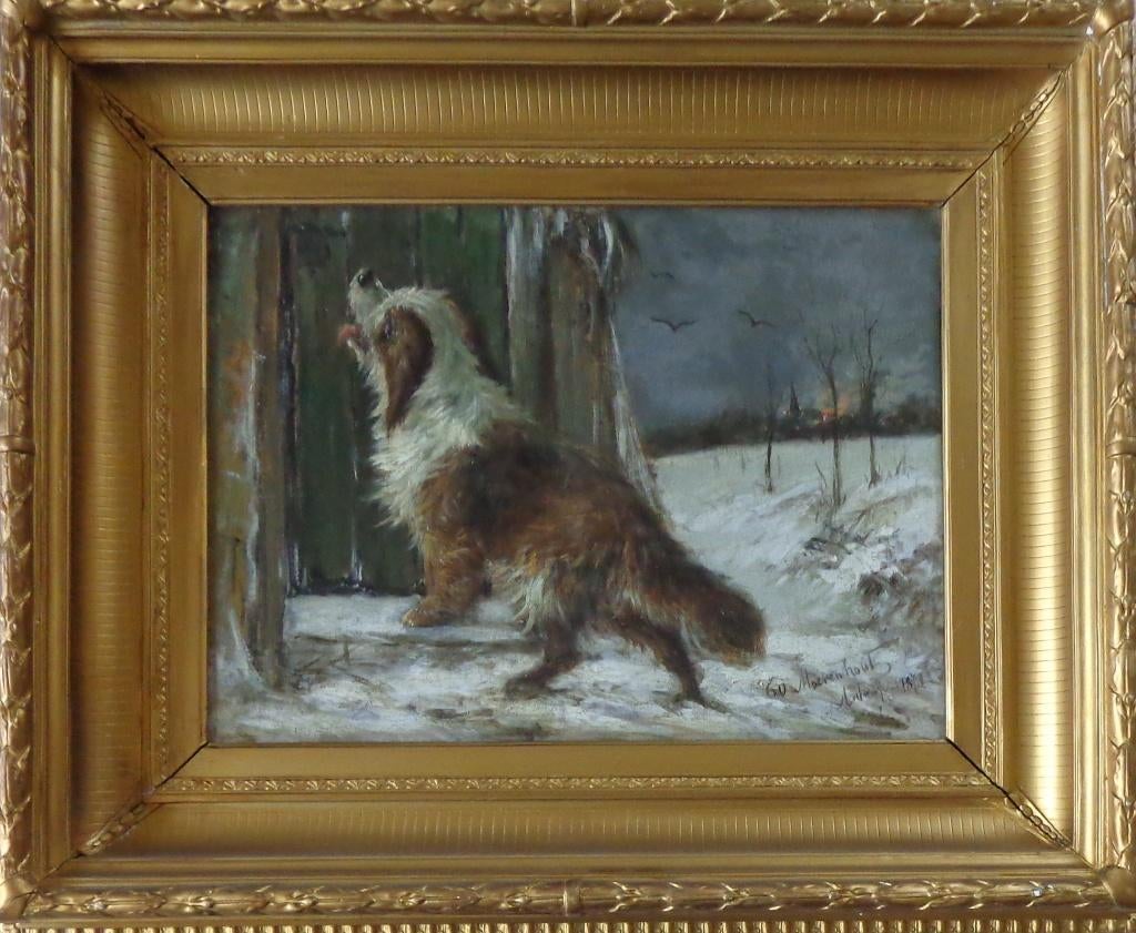 MOERENHOUT / HOND IN SNEEUW / OLIEVERF / 58x70cm KADER SIG, Enlèvement ou Envoi