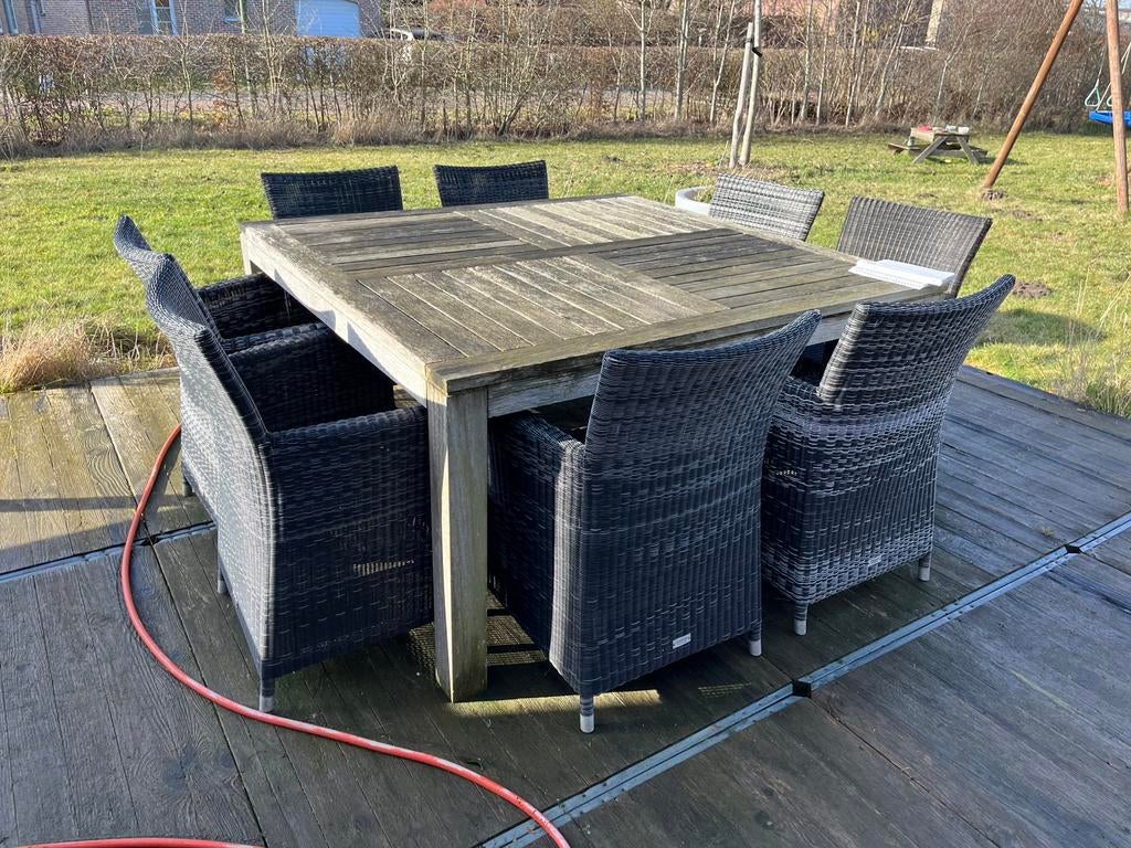 Hardhouten tuintafel met 8 zetels, Ophalen, Gebruikt, Vierkant, Teakhout