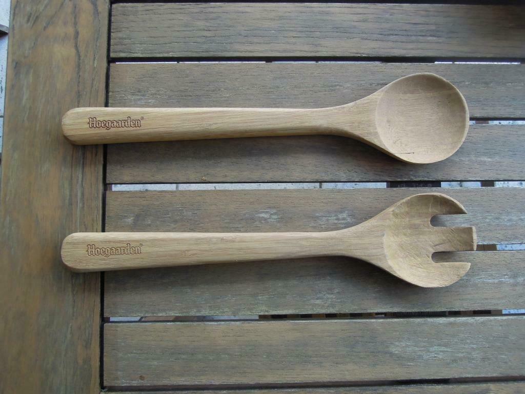 Hoegaarden verzameling - saladebestek in hout- lepel en vork, Huis en Inrichting, Ophalen of Verzenden, Gebruikt, Hout
