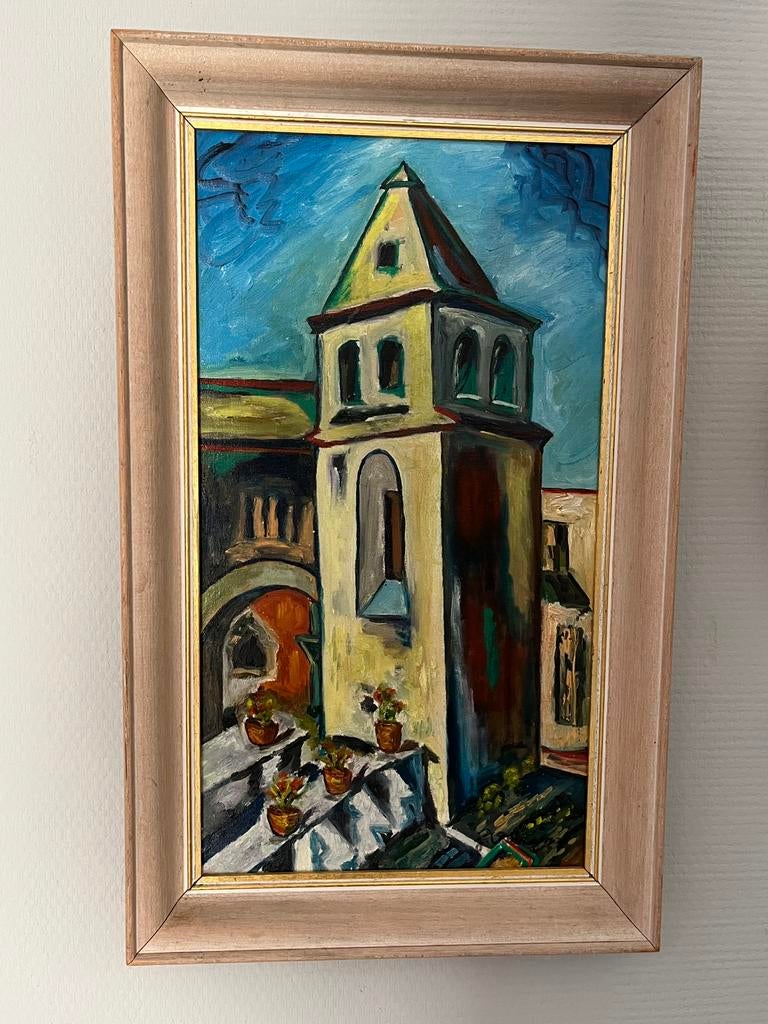 Belle peinture à l’huile signée - tour-clocher d’église, Enlèvement ou Envoi