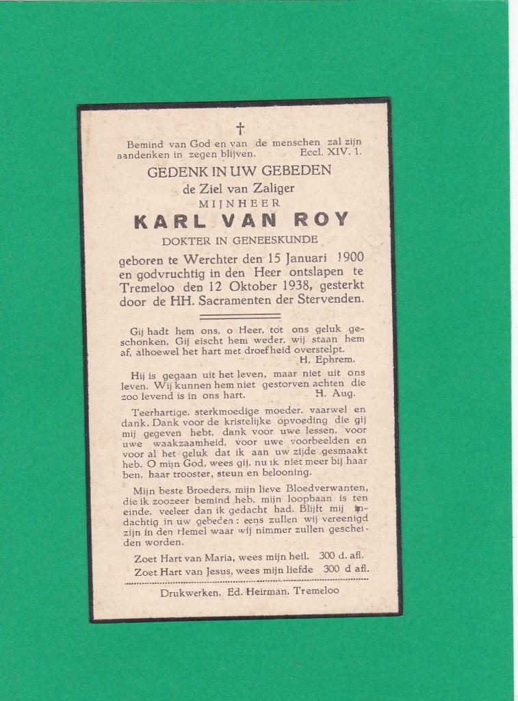 DP Dokter Karl Van Roy, Envoi, Image pieuse