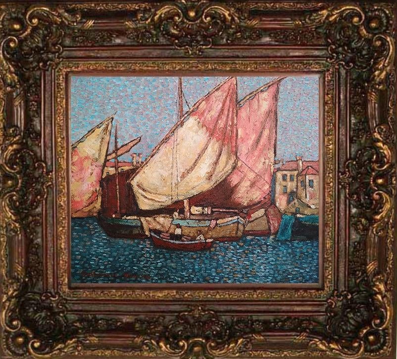 « Bateaux de pêche dans le port » Peinture, Antiquités & Art, Envoi