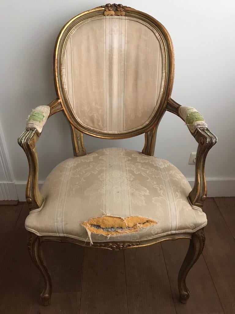 Armstoel met houtsnijwerk goudkleurig / licht khaki groen, Enlèvement