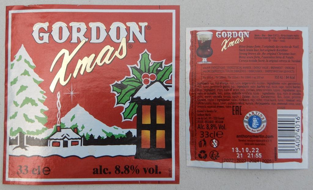 Bieretiket Gordon X-mas brouwerij Antony Martin (8x8), Verzamelen, Ophalen of Verzenden, Gebruikt