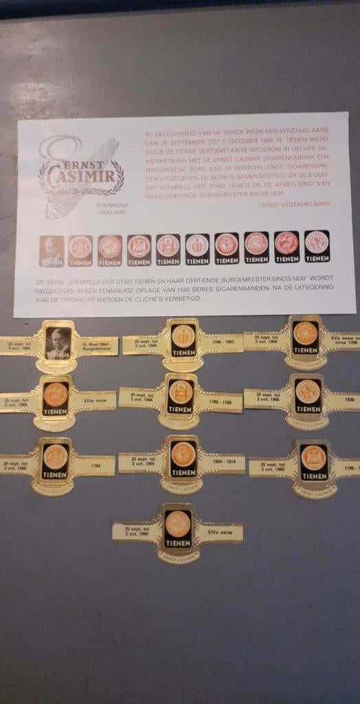 collections 10 bagues de cigares Tirlemont tienen1966, Collections, Enlèvement ou Envoi, Comme neuf, Bagues de cigare