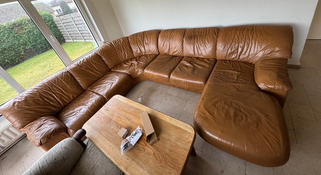 Hoek leren zetel beige, Antiek en Kunst, Ophalen