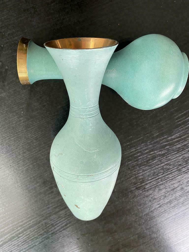 2 antieke koperen vaasjes - groen overschilderd, Ophalen of Verzenden, Koper