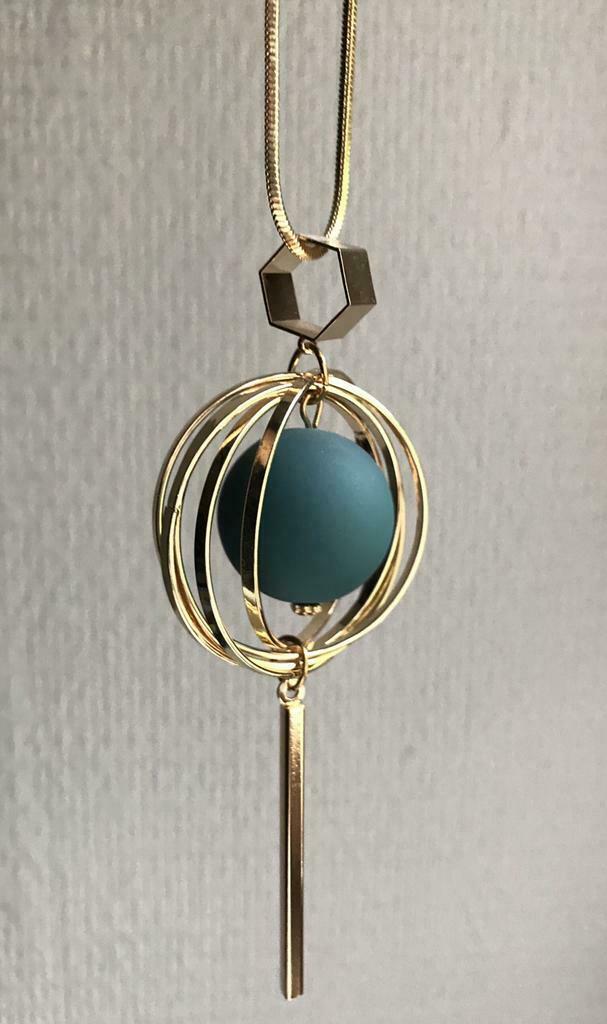Gouden ringketting, turquoise parel (ongedragen), Nieuw, Goud