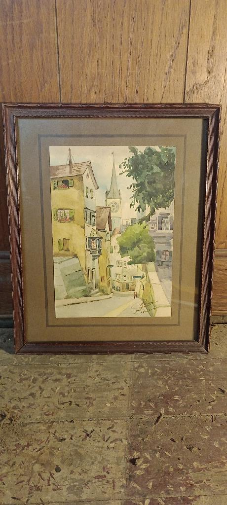 Aquarelle vintage Ruelle signée Riviery,1941,26x31,n42, Enlèvement ou Envoi, Vintage, Sous verre, Aquarelle