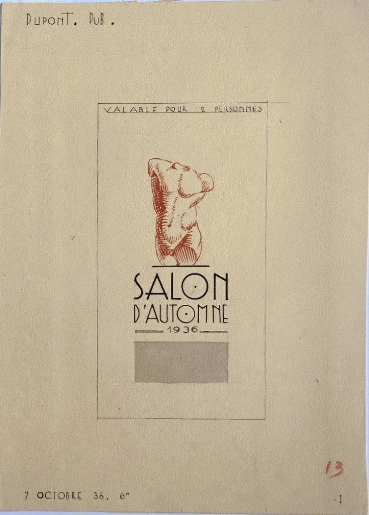 Dupont pentekening "Salon d'Automne 1936" toegangskaart-ontw, Enlèvement, Dessin, Dessin à la plume, Fait main