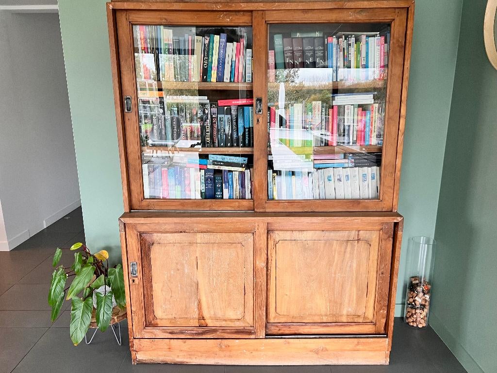 Teakhouten bibliotheekkast met schuifdeuren, Ophalen, 100 tot 150 cm, Teakhout, 150 tot 200 cm