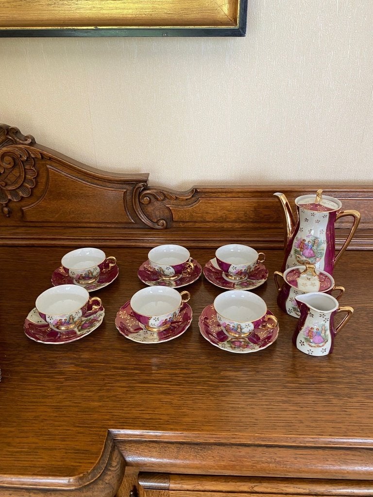Prachtig Vintage Koffieservies / Bordeaux & Goud  6 Personen, Ophalen