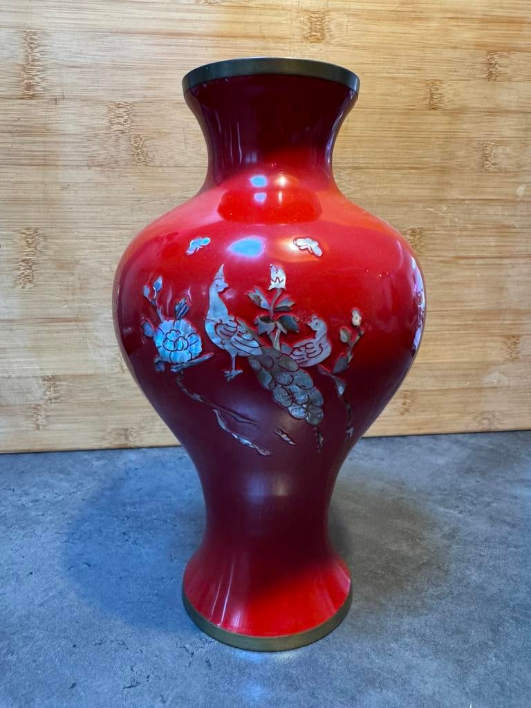 Japanse cloisonné vaas – rood emaille met vogel – ca. 1960, Ophalen