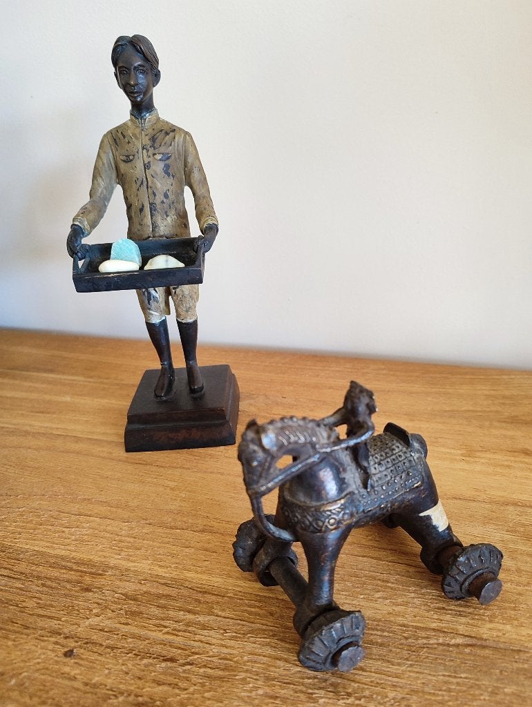 India: antieke temple toy in brons: paard en ruiter, Bruin, Ophalen of Verzenden, Handgemaakt, Brons