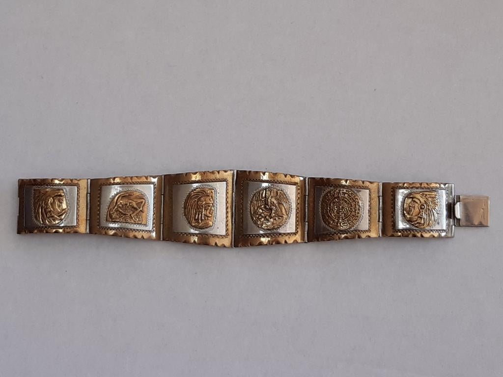 VINTAGE 925 STERLING ZILVER & GOUD TAXCO PANEL ARMBAND, Ophalen, Zilver