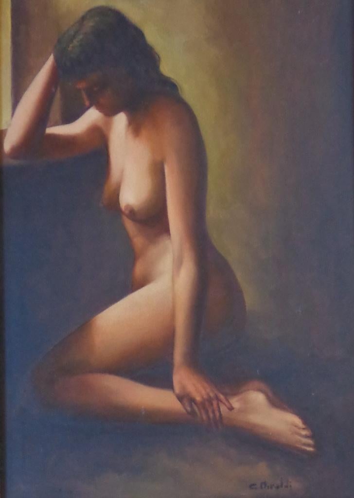 C. MIRALDI / ZITTEND NAAKTE VROUW / OLIEVERF / 88x68cm KADER, Antiquités & Art, Art | Peinture | Moderne, Enlèvement