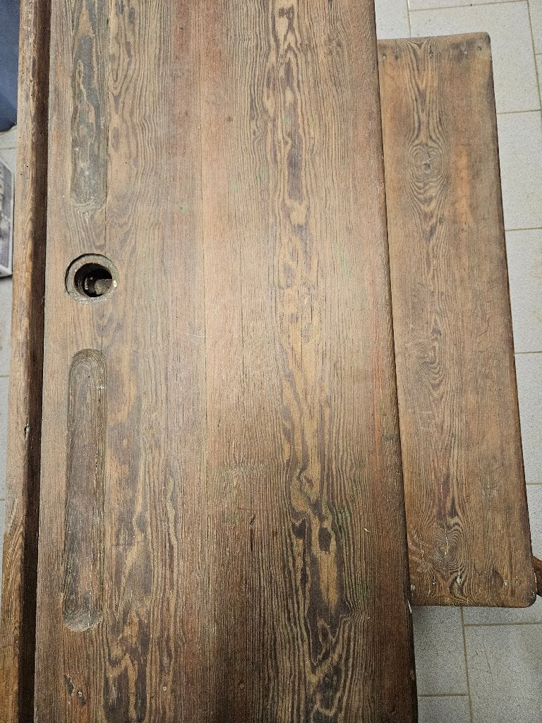 Banc d'écolier en bois avec dossier à réparer, Antiquités & Art, Enlèvement