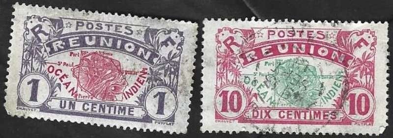 2 Postzegels Réunion 1907 Nationale thema's (Frankrijk), Ophalen of Verzenden, Gestempeld, Zuid-Azië