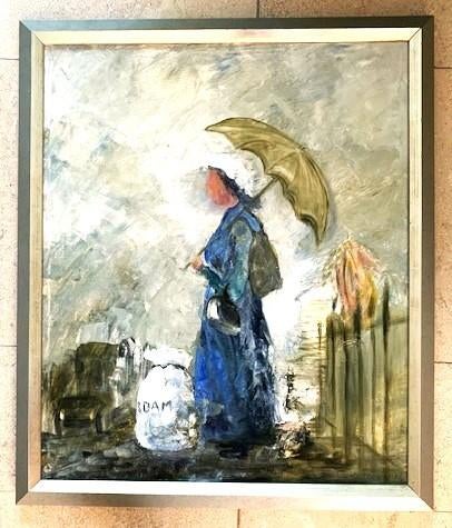 Expressief - vrouw met paraplu ca. 1980 - L. Kloestenburg, Antiek en Kunst, Kunst | Schilderijen | Klassiek, Ophalen of Verzenden